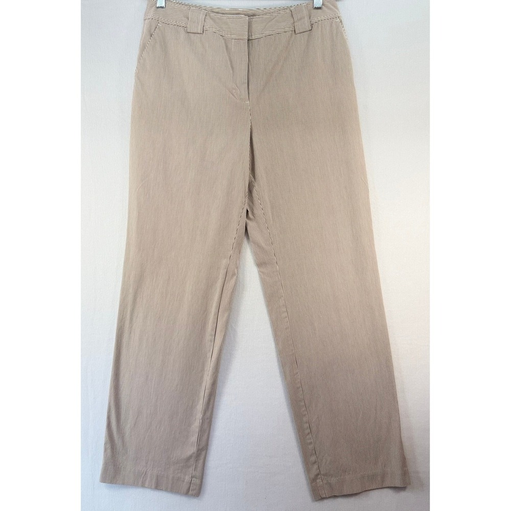 Talbots Tan White Striped Stretch Straight Leg Pants Womens 12 Office Career